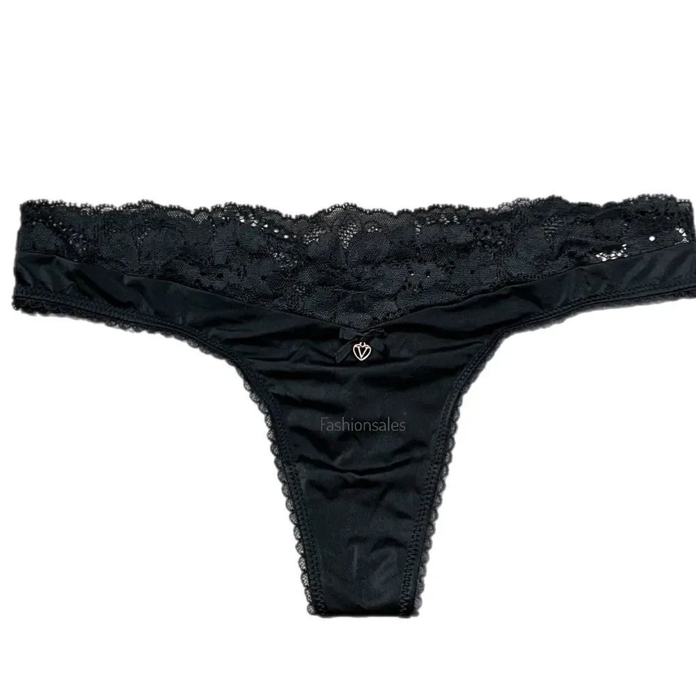 Victorias Secret Body Supersoft Satiny floral Lace waist Thong panty Black L